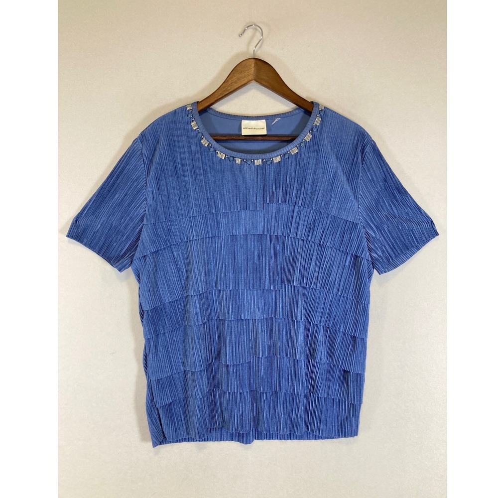 Artistic Alfred Dunner Women XL Blue Plissé Tiered Embellished Beaded Blouse Top